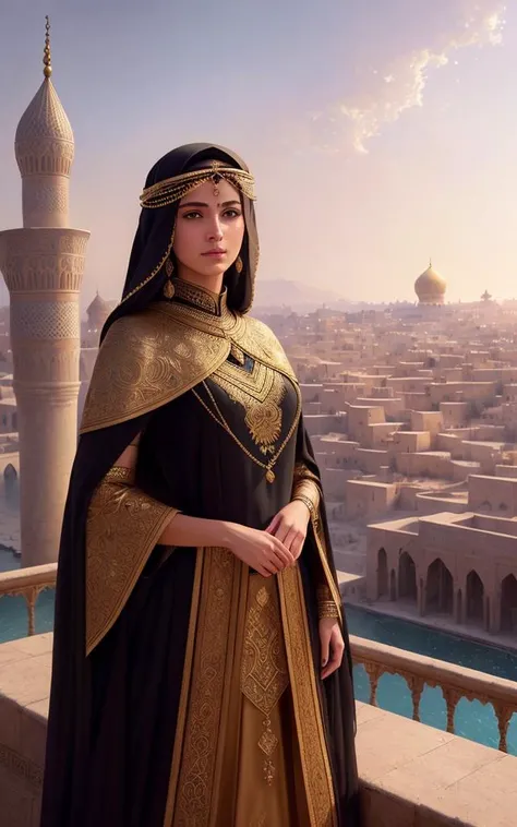 modelshoot style, (extremely detailed CG unity 8k wallpaper), full shot body photo of the most beautiful artwork in the world, (arabic princess) with armor, arabian clothes, arab cultur, magic, an arabic village with persian details in the background, hdr, photorealistic painting by Ed Blinkey, Atey Ghailan, Studio Ghibli, by Jeremy Mann, Greg Manchess, Antonio Moro, trending on ArtStation, trending on CGSociety, Intricate, High Detail, Sharp focus, dramatic, photorealistic painting art by midjourney and greg rutkowski