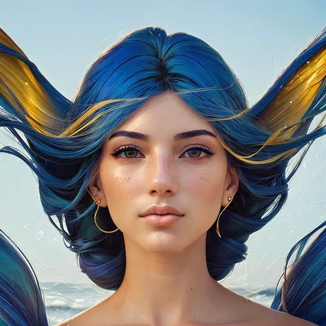 Very beautiful, beautiful face, a mermaid with a golden fish tail among the coastal rocks, (hyperrealism:1.2), (the wind develops the hair:1.0), fine body, (shade of a fishing net:1.0), noon, (natural skin texture, hyperrealism, soft light, sharp:1.2), lightroom, natural, perfect, [oliver wetter|(kodak portra:0.08)|(leibovitz:0.6)], raw, intricate, high quality, mamiya, exposure blend