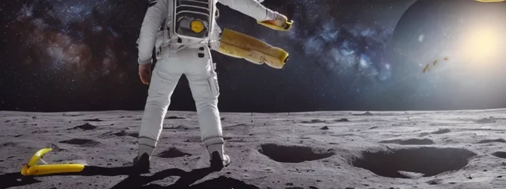 astronaut on moon, looking on Earth, (view from back:1.2), (holding a [gun | banana] in right hand:1.5), (Milky Way on background:1.3), (shot on modern camera:1.3), trending on artstation, depth of fields, rutkowski, (reflections:1.3), detailed, (intricate details:1.1), hyperrealism, (closeup:0.4).