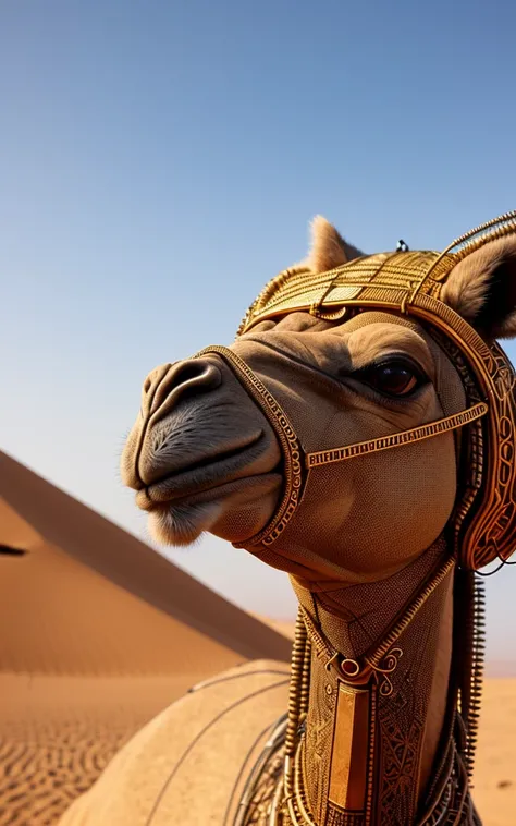 a close shot of a funny camel with body made out of metal, (cyborg:1.1), ([detailed wire]:1.3), (intricate details), hdr, (intricate details, hyperdetailed:1.2), cinematic shot, vignette, detailed and intricate environement,