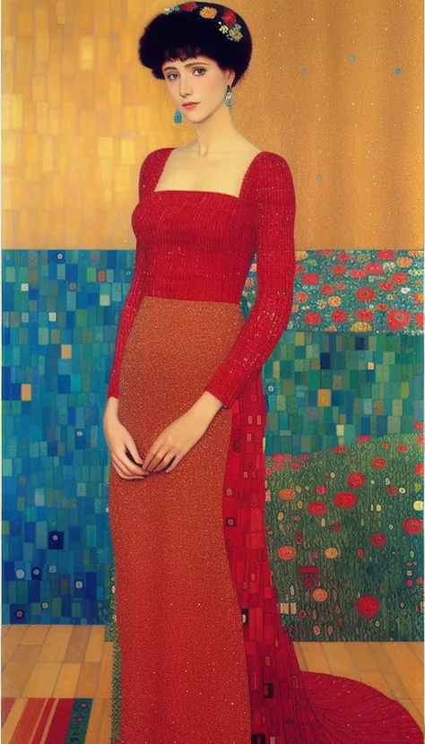 Woman in a red dress, long dress, against the backdrop of the red sea, Gustav Klimt