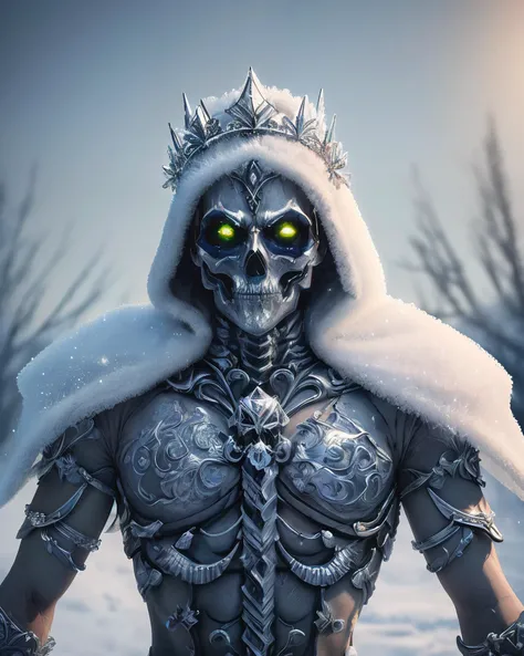 _modelshoot style, (extremely detailed CG unity 8k wallpaper)masterpiece, best quality, intricate detail, absurdres, a skeletonized man like dota 2 hero with bits of flesh hanging off his bones, his skull is covered in icicles and frost, intricate carving, wearing a face mask, glowing eye sockets, wearing a frozen blue crown, chromatic aberration, depth of field, professional photography, soft lighting, tone mapped, highly detailed, sharp focus, dramatic lighting, intricate details, cinematic, 8K, incredible shadows, realistic, (highly detailed background:1.0)
