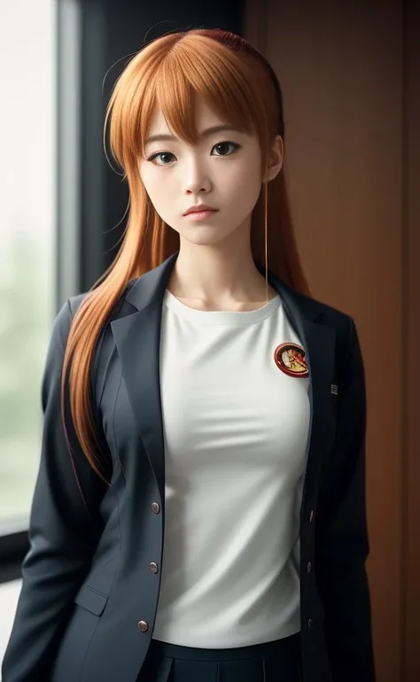 Asuka Langley Soryu, school uniform, standing, close up, full-body shot, natural skin texture, 24mm, 4k textures, soft cinematic light, adobe lightroom, photolab, intricate, elegant, highly detailed, sharp focus, ((((cinematic look)))), soothing tones, insane details, intricate details, hyperdetailed, low contrast, soft cinematic light, dim colors, exposure blend, hdr, faded