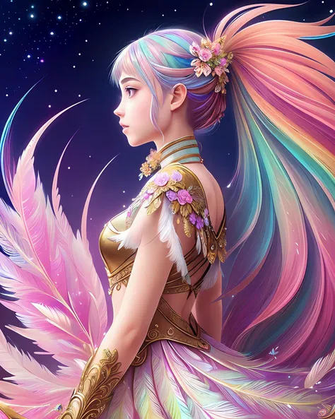 side view of fractal colorfully fantasy girl, full body, tint feathers, dreamlike, glitters, soft lighting, hyperdetailed, concept art, digital painting, fantasy, flowers, epic, intricate details, sharp focus, trending on artstation, by Bella, oversaturated, rainbow sparkles on background