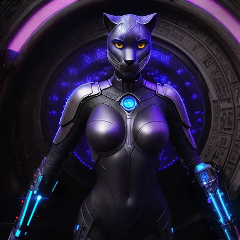 anthropomorphic female cybernetic panther, backlit, ancient teleporter arch in the background, unearthly glowing, uv lights, detailed background