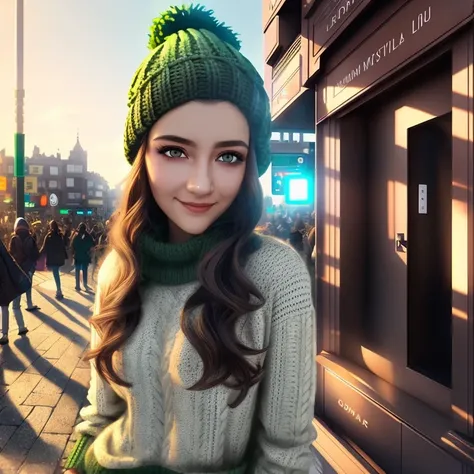 <hypernetworks:Magnus:1,5>a beautiful girl of twenty years old, with green eyes, brown hair of model appearance, smiling, looking at the viewer, standing on the street in a sweater and a knitted hat, spring, contour light, epic realism, contour light, epic realism contour light, hdr,epic realism, (anime), (illustration), cartoon, detailed, illustration, cartoon, soothing tones, calm colors, art by greg rutkowski and artgerm, soft cinematic light, adobe lightroom, photolab, hdr, intricate, highly detailed, ((((depth of field))))<hypernet:wifejulia:1.0>