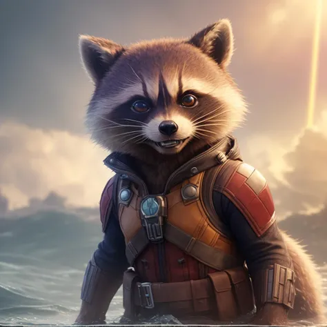 (Masterpiece:1.3),(Happy:1.3) a close photo of wet (marvels rocket raccoon:1.3) in wastelander clothes looks out of the water, masterpiece, best quality, extremely detailed, sun rays shining through fur, by craig mullins, greg rutkowski, golden hour, (rain:1.3). (rainbow:1.3), (the waves:1.5), 3d render, poster, clouds, cute, fluffy, hdr, rtx, (hands up:1.5), water drops, guardians of the galaxy, (cute brown eyes:1.5), (sharp:1.5), sharp fangs, smile, ([tail | detailed wire]:1.3), (intricate details), hdr, (intricate details, hyperdetailed:1.2),(close portrait:1.3),thematic background, (dark shot:1.17), epic realistic, faded, ((neutral colors)), art, (hdr:1.5), (muted colors:1.2), hyperdetailed, (artstation:1.5), cinematic, warm lights, dramatic light, (intricate details:1.1), complex background, (rutkowski:0.8), (teal and orange:0.4)