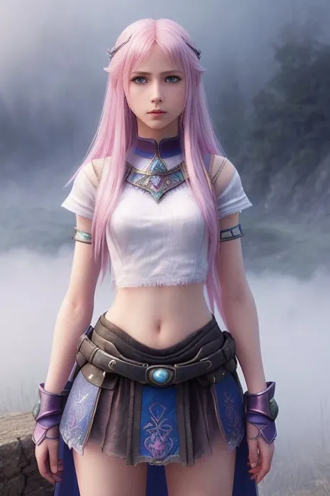 a princess, 15 yo, final fantasy, blue eyes, skinny, long pink hair, close up, standing, full-body shot, (foggy background, epic realistic, rutkowski, hdr, intricate details, hyperdetailed, cinematic, rim light, muted colors:1.2)