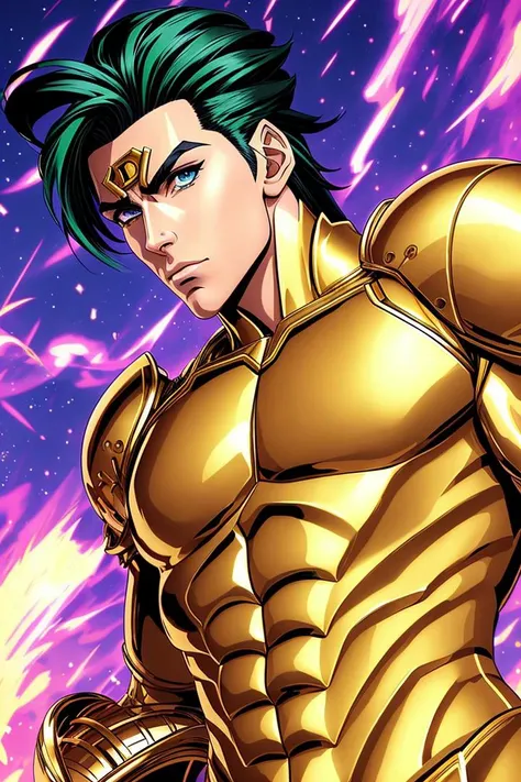 GigaChad, gold skin, metal skin,( JoJo style:1.2), ((Derek Zoolander face)), full growth, anime art