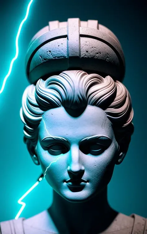 character in ancient Greek mythology, (neon lightning around the head:1.1), monument, chiton, peplos, (close-up of the head:1.2), lightning, sharp focus, fantasy, concept art, dynamic lighting, epic composition, Michelangelo style,