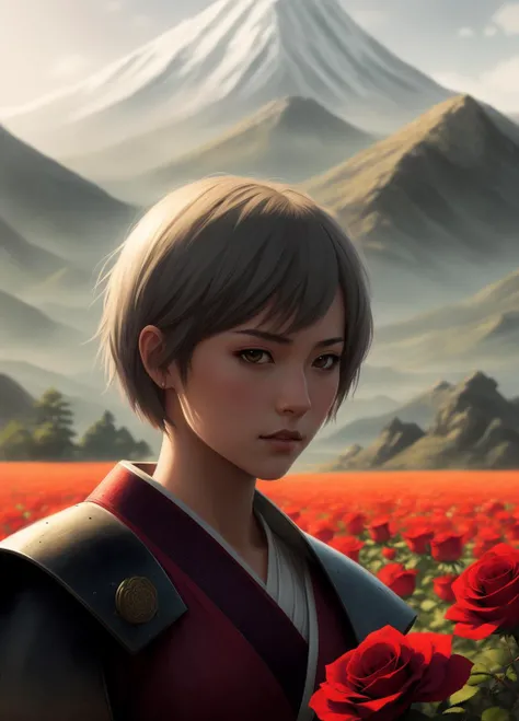 masterpiece, best quality, samurai girl in tight red armor, white shaggy short hair, full face, closeup, red roses field and mountains, artstation, epic realism, art, hdr, by greg rutkowski