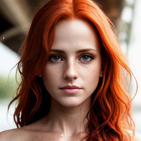 topless, waist length portrait, collar, (Cheryl Blossom face), posing, under the bridge, crying, tears on cheeks, redhead, long curly hair, many freckles on the body, skinny body, (many freckles on the face), dark around the eyes, half face in shadow, wet body, wet hair, white skin color, mainly cloudy, fog, photorealistic eyes, reflection in the eyes, detail face, detail backgrounds little blur, reflection from wet, not much light on models, light orange lights, correct shadows, HDR, Ultra 4K, photo realistic, professional photo, modelshoot