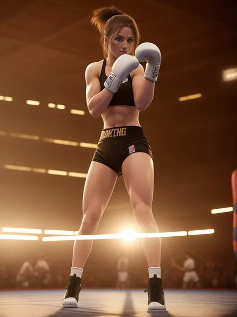 boxing, high detailed, cinematic lighting, render, sparring tatami, 8k, realistic, hyperrealistic, big boxing arena, crowd, photorealistic, a woman, realistic, detailed, high resolution, realistic skin, hyperrealistic