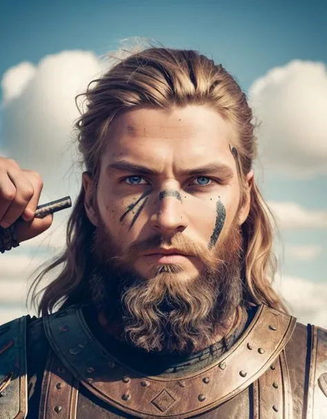 photograph of a viking warrior with dirt in his face, broad shoulders, armor, heroic, beard, pronounced cheekbones, cloudy, masterpiece, best quality, high quality, 4K, trending, hard ring light, 50mm