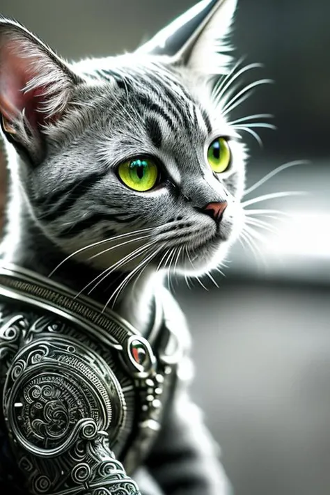 a cute kitten (made out of metal:0.7), (cyborg:1.1), ([tail | detailed wire]:1.3), (intricate details), hdr, (intricate details, hyperdetailed:1.2), (((cinematic shot:1.6))), vignette, centered, green eyes, gloss looking at viewer, (not looking at the camera:1.3), head turned up to the right, canon ef 70-200mm 1.4, (there are no metal parts on the head:0.6), looking at another, 