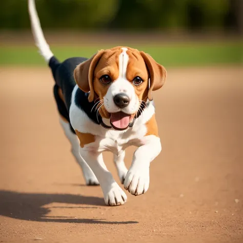 happy beagle running after his ball, masterpiece, best quality, high quality, soft lighting