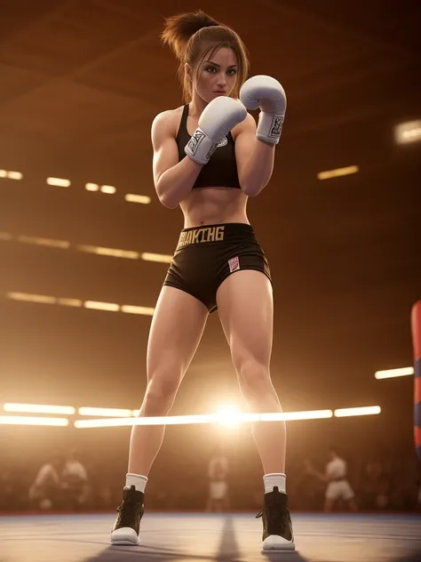 boxing, high detailed, cinematic lighting, render, sparring tatami, 8k, realistic, hyperrealistic, big boxing arena, crowd, photorealistic, a woman, realistic, detailed, high resolution, realistic skin, hyperrealistic