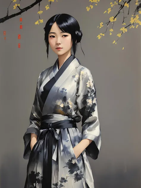 16yo Chinese girl, portrait of a woman standing, modelshoot style, willow branches, Japanese kimono, (smile:0.9), big black eyes, a petite slender figure, looking at viewer, wearing long hanfu, shuimobysim, shukezouma, old rice paper illustration, negative space, traditional chinese ink painting, grey aquarelle, outlined with a thin black gel pen
(foggy background, intricate details, hyperdetailed, cinematic, muted colors: 1.2 )
(Atey Ghailan, by Jeremy Mann, Greg Manchess, Antonio Moro), trending on ArtStation, trending on CGSociety, Intricate, High Detail, Sharp focus, dramatic, photorealistic (painting :1.5)art by midjourney and ((greg rutkowski)), bokeh on background