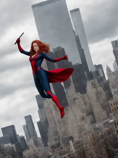 RAW photo pointing at redhead Kate Beckinsale, in detailed Spider-Man costume, high detail, cinematic lighting, rendering, 8k, realistic, hyperrealistic, crowd, photorealistic, woman with squinting eyes, realistic, wind, detailed, high resolution,