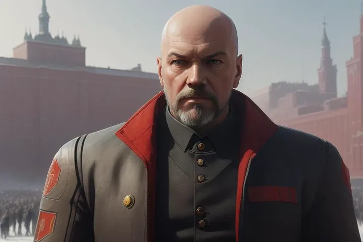 Lenin, robosuit, face, bald, beard, red square on background, ((USSR)), USSR flag, artstation, intricate, skin texture, high_detail, art by greg rutkowski and artgern, hyper_realistic