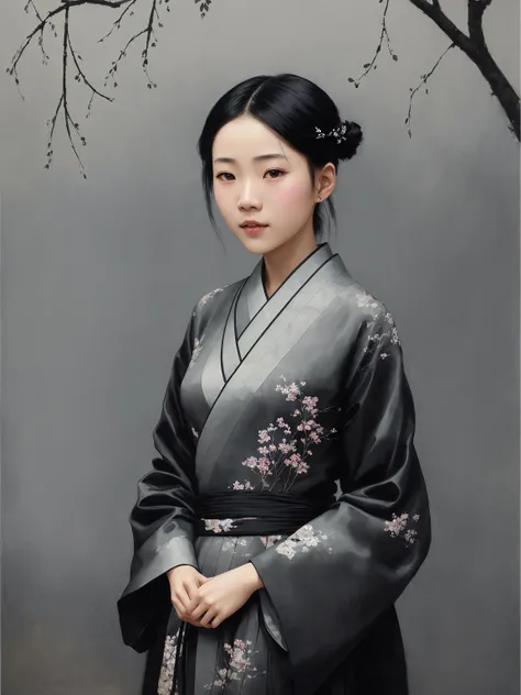 16yo Chinese girl, portrait of a woman standing, modelshoot style, willow branches, Japanese kimono, (smile:0.9), big black eyes, a petite slender figure, looking at viewer, wearing long hanfu, shuimobysim, shukezouma, old rice paper illustration, negative space, traditional chinese ink painting, grey aquarelle, outlined with a thin black gel pen
(foggy background, intricate details, hyperdetailed, cinematic, muted colors: 1.2 )
(Atey Ghailan, by Jeremy Mann, Greg Manchess, Antonio Moro), trending on ArtStation, trending on CGSociety, Intricate, High Detail, Sharp focus, dramatic, photorealistic (painting :1.5)art by midjourney and ((greg rutkowski)), bokeh on background