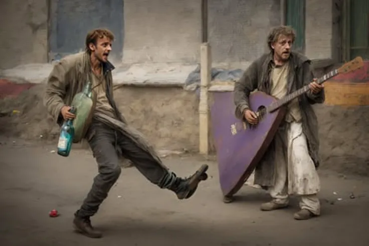 a homeless dancing, (sings loudly:1.2), crazy eyes, (crazy look:1.3),matted messy hair, post-apocalysis, hdr, dramatic, cinematic, filmic