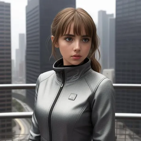 Ana de Armas(blade runner 2049 actress)  (detailed beautiful face + detail skin pores, imperfect skin, ultra-detailed body:1.1), she is standing on a balcony or rooftop, looking out over the city. She should be wearing futuristic clothing and have a serious expression on her face, as if she is deep in thought or surveying the city below. The girl could be holding a small device, such as a communicator or scanner, which adds to the sci-fi feel of the picture. There could also be a few people or flying vehicles in the background, adding to the sense of bustling activity in the city.