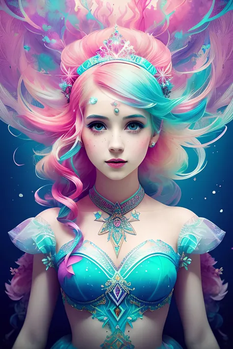 Dynamic underwater ink art by Alberto Seveso of a young woman in a cute princess outfit in Pastels and colorful fun intricate embellishments and geometric patterns and designs, cute colorful lighting (high definition)++, photography, cinematic, detailed character portrait, ++detailed and intricate environment, strong breeze, ++, detailed and intricate environment