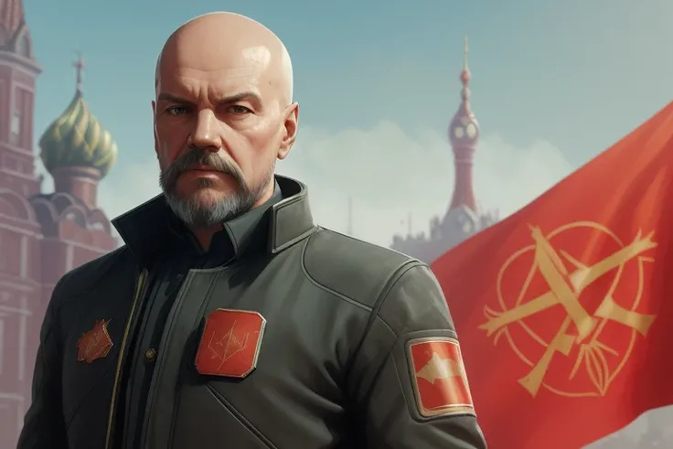 Lenin, robosuit, face, bald, beard, red square on background, ((USSR)), USSR flag, artstation, intricate, skin texture, high_detail, art by greg rutkowski and artgern, hyper_realistic