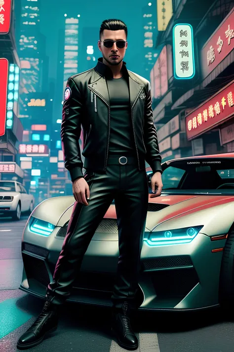 handsome man poses with his car, cyperpunk industry cool man. cyberpunk kowloon. handsome man in sporty suit. cool driver ultra realistic 4k