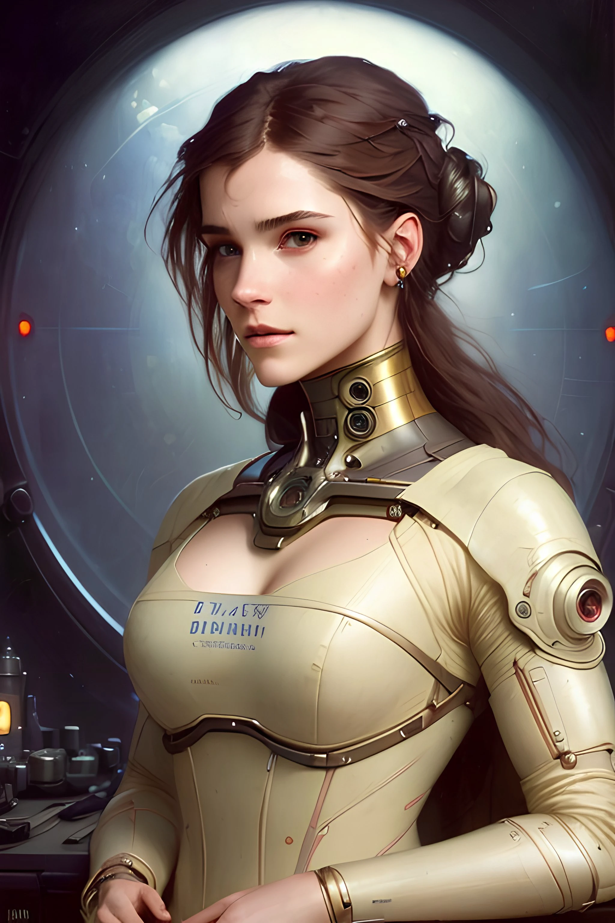 (cybernetics by emb-rrf2:1.1),(highly detailed:1.2),(best quality:1.2),(8k:1.2),sharp focus,(subsurface scattering:1.1),award-winning photograph,profile (cyborg:1.2), neon glow,face centered,(standing in a futuristic spaceport:1.3),emma watson barbara palvin (very detailed background:1.2),(sci-fi horror:1.2), knollingcase,(dreamlikeart:1.2), dramatic lighting, by Jeremy Lipking Antonio J. Manzanedo greg rutkowski alphonse mucha wlop