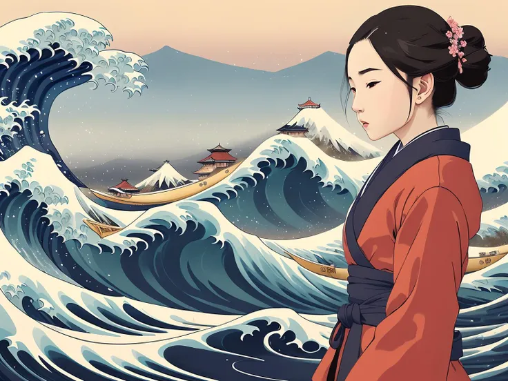 16yo Chinese girl, portrait of a woman standing, japanise kimono, geysha style,
on background painting of a wave and a sky background with clouds and mountains and sakura blossom,
(The Great Wave off Kanagawa),
(Atey Ghailan, by Jeremy Mann, Greg Manchess, Antonio Moro), trending on ArtStation, trending on CGSociety, Intricate, High Detail,
Sharp focus, dramatic, photorealistic painting art by midjourney and ((greg rutkowski)), bokeh on background, by ((Katsushika Hokusai))
