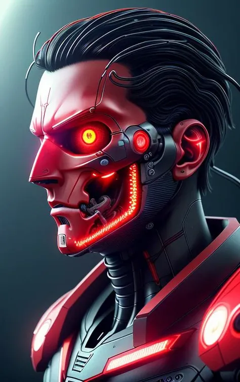 (bright red eyes:1.1), complex 3d render ultra detailed of a beautiful profile a boy android face, cyborg, robotic parts, 150 mm, beautiful studio soft light, rim light, vibrant details, luxurious cyberpunk, hyperrealistic, anatomical, facial muscles, cable electric wires, microchip, elegant, beautiful background, octane render, H. R. Giger style, 8k, best quality, masterpiece, illustration, an extremely delicate and beautiful, extremely detailed ,