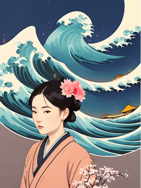 16yo Chinese girl, portrait of a woman standing,  japanise multicolor kimono whit sakura blossom, geysha style,
on background painting of a wave and a sky background with clouds and mountains, 
(The Great Wave off Kanagawa),
(Atey Ghailan, by Jeremy Mann, Greg Manchess, Antonio Moro), trending on ArtStation, trending on CGSociety, Intricate, High Detail,
 Sharp focus, dramatic, photorealistic painting art by midjourney and ((greg rutkowski)), bokeh on background, by ((Katsushika Hokusai))