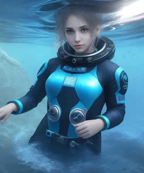 a girl,under water, in a space suit,blue water,hdr,colored,realistic,artstation