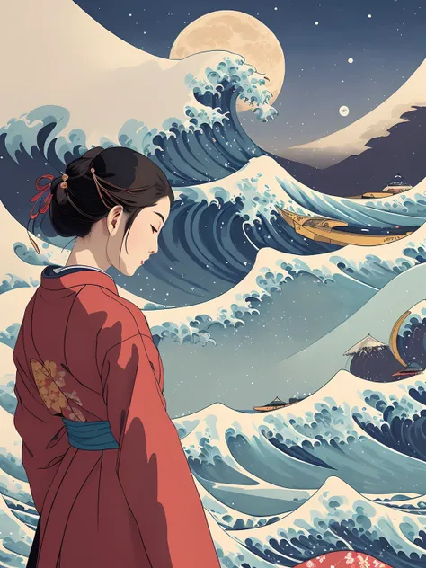 yo Chinese girl, portrait of a woman standing, japanise multicolor kimono whit sakura blossom, geysha style,
on background painting of a wave and a sky background with clouds and mountains, ((full moon)),
(The Great Wave off Kanagawa),
(Atey Ghailan, by Jeremy Mann, Greg Manchess, Antonio Moro), trending on ArtStation, trending on CGSociety, Intricate, High Detail,
Sharp focus, dramatic, photorealistic painting art by midjourney, by ((Katsushika Hokusai))