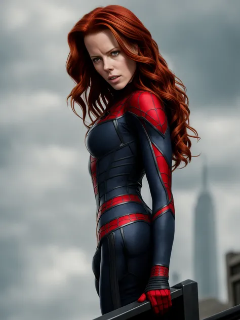 RAW photo pointing at redhead Kate Beckinsale, in detailed Spider-Man costume, high detail, cinematic lighting, rendering, 8k, realistic, hyperrealistic, crowd, photorealistic, woman with squinting eyes, realistic, wind, detailed, high resolution,