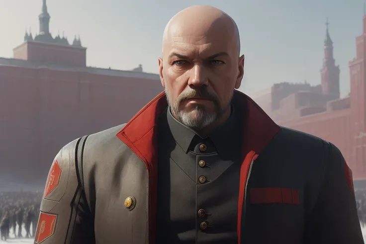 Lenin, robosuit, face, bald, beard, red square on background, ((USSR)), USSR flag, artstation, intricate, skin texture, high_detail, art by greg rutkowski and artgern, hyper_realistic