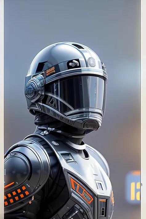 portrait of a guard marine, robotic, mechanical, (reflective black armour:0.5), ((black armour:1.2)), metal plating, 80mm, f/1.8, bokeh, depth of field, ((((cinematic shot:1.6)))), a robot with a helmet and a camera on his head is standing in front of a building with a building in the background, Cedric Seaut (Keos Masons), redshift render, a 3D render, retrofuturism, highres, (zoom on head:1.2), (((emphasis on helmet:1.4))), cinematic lighting, extremely detailed, no reflection on helmet glasses, (((blurred background:1.4))), fog simple background,