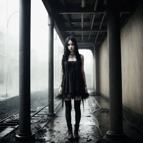 (girl face:1.4), half naked Dark Emo girl, stands by the pipe, in a dark gloomy basement, everything is dirty and wet, pipes, dust, puddles, mud, near angle, realistic face, detail face, detail backgrounds little blur, mystical view, reflection from wet, not much light on models, correct shadows, HDR, photo realistic, photo in gloomy shades, gothic style photo