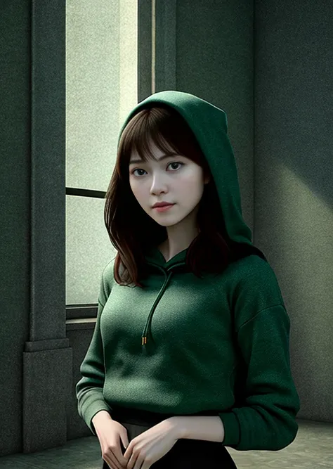 Hyper-realistic digital portrait of a young woman with medium-length hair, dark green hoodie,blue long skirt, full body,gracefully dancing in a dimly lit modern church,The painting captures her solemn expression and elegant movements with incredible detail and sharp focus,The use of tone mapping creates a symmetrical and intricate composition that draws the viewer's eye,extremely detailed,looking at viewer,realistic(masterpiece, best quality:1.2),ultra realistic 8k cg, picture-perfect face, flawless, clean, masterpiece, professional artwork, famous artwork, cinematic lighting, cinematic bloom, perfect face, beautiful face, beautiful eyes, ((perfect female body, narrow waist)), black hair, divine,dreamlike, unreal,intricate detail, delicate pattern,charming,realistic(masterpiece, best quality:1.2), <lora:japaneseDollLikeness_v10:0.5>