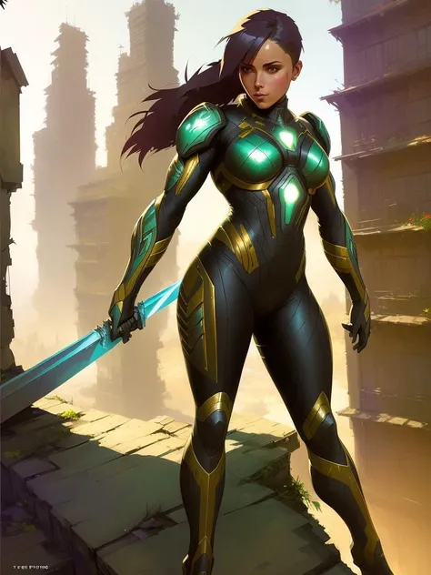 (art by Theo Prins:1.1), a female nano soldier, sharper details, realistic, high details, crysis, soft shadows, nanosuit, cinematic render, hdr, dust clouds, nano sword in hand, ruins on the background, vibrant colors