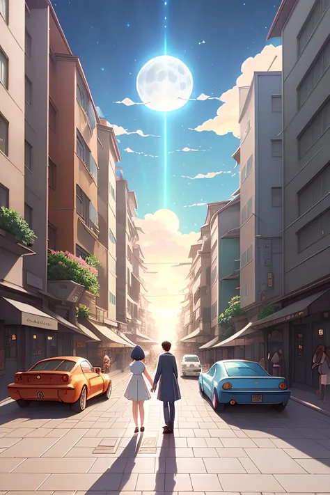 3 d sidewalk by studio ghibli studio key hideaki anno sakimichan stanley artgerm lau rossdraws james jean marc simonetti elegant highly detailed digital painting artstation pixiv, on part moon another part sun, night, cloud, stars, couple love, draw