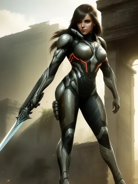 (art by Richard Anderson:1.1), a female nano soldier, sharper details, realistic, high details, crysis, soft shadows, nanosuit, cinematic render, hdr, dust clouds, nano sword in hand, ruins on the background, vibrant colors