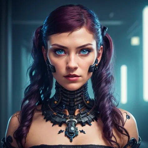 dark, deep shadow, darkness, moonlight, award winning photo, extremely detailed, amazing, fine detail, absurdres, highly detailed woman, extremely detailed eyes and face, piercing blue eyes, detailed clothes, skinny, (cybernetic face and head implants), twintails, bangs, frills, skirt,red hair, nikon d850 film stock photograph 4 kodak portra 400 camera f1.6 lens rich colors hyper realistic lifelike texture dramatic lighting unrealengine trending on artstation cinestill 800 tungsten, ((cyberpunk)), by MICHAH DOWBAK, by DEATHBURGER, by CRAIG PATON, by DANGIUZ, (((front facing portrait photo)))