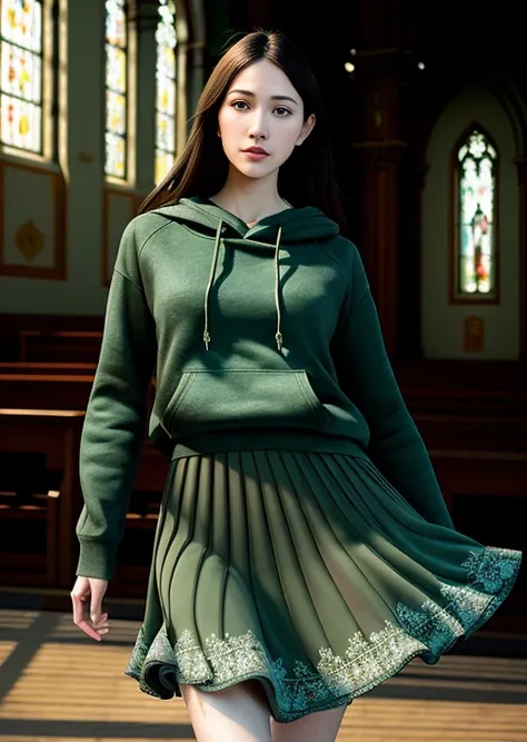Hyper-realistic digital portrait of a young woman with medium-length hair, dark green hoodie,blue long skirt, full body,((gracefully dancing)),dimly lit modern church,solemn expression,elegant movements with incredible detail and sharp focus,the use of tone mapping creates a symmetrical and intricate composition that draws the viewer's eye,extremely detailed,looking at viewer,realistic(masterpiece, best quality:1.2),ultra realistic 8k cg, picture-perfect face, flawless, clean, masterpiece, professional artwork, famous artwork, cinematic lighting, cinematic bloom, perfect face, beautiful face, beautiful eyes, ((perfect female body, narrow waist)), black hair, divine,dreamlike, unreal,intricate detail, delicate pattern,charming,realistic(masterpiece, best quality:1.2), <lora:japaneseDollLikeness_v10:0.5>