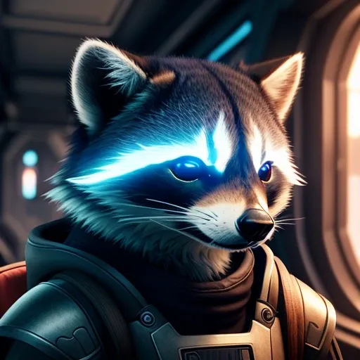 (extremely detailed CG unity 8k wallpaper), (masterpiece), (best quality), (ultra-detailed), (best illustration), (best shadow), (photorealistic:1.2), a raccoon, spaceship bridge, driver seat, wearing armor, carry a machine gun on back, angry face
