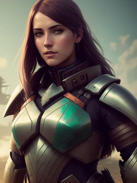 (art by Sebastien Hue:1.1), a woman in armor, intricate details, sharper details, 8k, cinematic, on battlefield, chromatic aberration