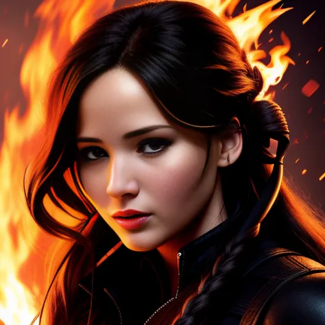 (Jennifer Lawrence:0.9) acting (Katniss Everdeen), (long wavy hair), fight to the death, movie poster, smoke, subsurface scattering, ruins on background, thin waist, intricate, highly detailed, perfect image, cinematic lighting, very detailed face and eyes, (dark ambience:1.5), (dimly lit:1.1), elaborate fantasy atmosphere, high-quality photo, photorealistic painting by Ed Blinkey, trending on artStation, high detail, sharp focus, dramatic