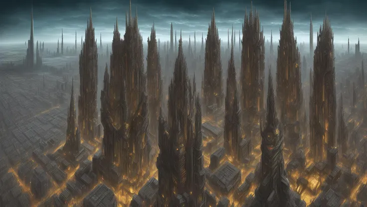 art by giger, sharper details, chromatic aberration, city from top
